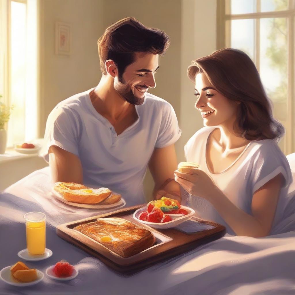 A high-quality digital art piece portraying a handsome individual being fed breakfast in bed by an attractive young woman