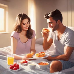 A high-quality digital art piece portraying a handsome individual being fed breakfast in bed by an attractive young woman