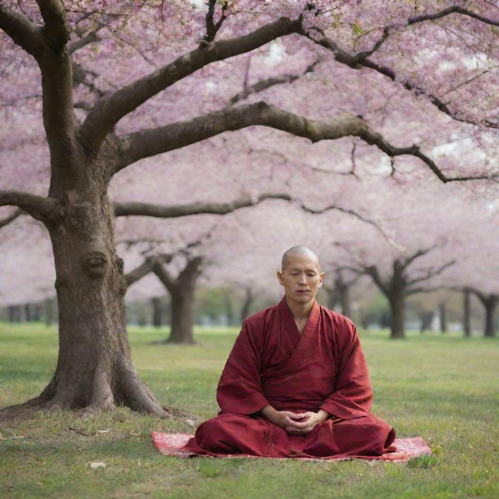 A solitary, peaceful monk in traditional robes meditating under an ancient, blossoming cherry tree