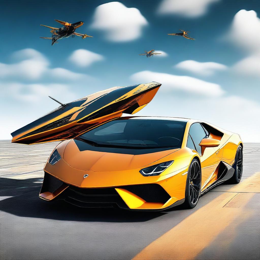 A digital art image depicts a sleek Lamborghini car transforming into a futuristic transport aircraft