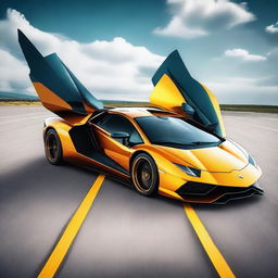 A digital art image depicts a sleek Lamborghini car transforming into a futuristic transport aircraft