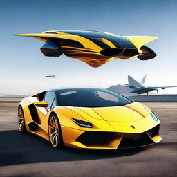 A digital art image depicts a sleek Lamborghini car transforming into a futuristic transport aircraft