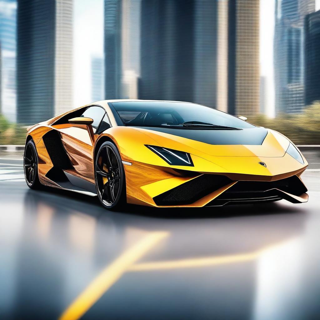 A digital art image depicts a sleek Lamborghini car transforming into a futuristic transport aircraft