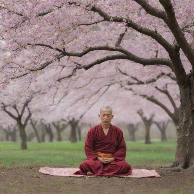 A solitary, peaceful monk in traditional robes meditating under an ancient, blossoming cherry tree