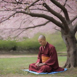 A solitary, peaceful monk in traditional robes meditating under an ancient, blossoming cherry tree