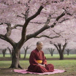 A solitary, peaceful monk in traditional robes meditating under an ancient, blossoming cherry tree