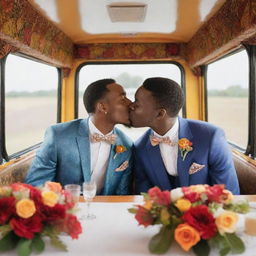 An evocative scene of an African-themed wedding aboard a festively decorated bus, portraying two grooms, of African descent, sharing a passionate kiss. The scene is further enhanced with lively dancing maids, elegantly set tables, and vibrant floral arrangements.