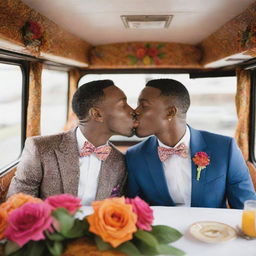 An evocative scene of an African-themed wedding aboard a festively decorated bus, portraying two grooms, of African descent, sharing a passionate kiss. The scene is further enhanced with lively dancing maids, elegantly set tables, and vibrant floral arrangements.