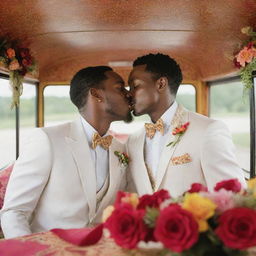 An evocative scene of an African-themed wedding aboard a festively decorated bus, portraying two grooms, of African descent, sharing a passionate kiss. The scene is further enhanced with lively dancing maids, elegantly set tables, and vibrant floral arrangements.