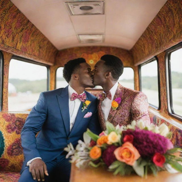 An evocative scene of an African-themed wedding aboard a festively decorated bus, portraying two grooms, of African descent, sharing a passionate kiss. The scene is further enhanced with lively dancing maids, elegantly set tables, and vibrant floral arrangements.