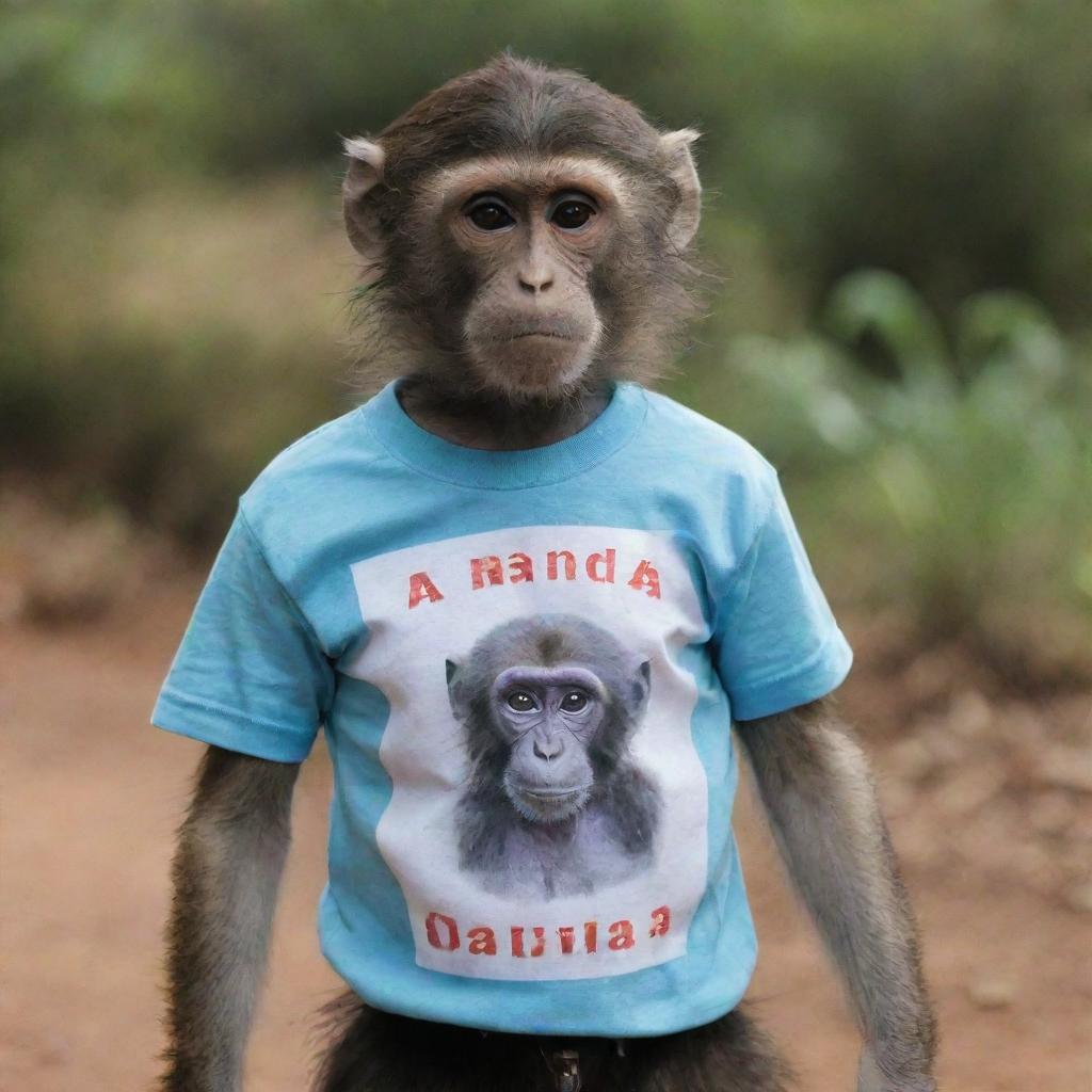 A monkey wearing a t-shirt with the inscription 'NANDA Octavia'