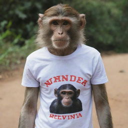 A monkey wearing a t-shirt with the inscription 'NANDA Octavia'