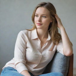 A beautiful young woman with fair complexion, sitting leisurely on a chair. She's fashioned in casual attire, looking comfortably relaxed.