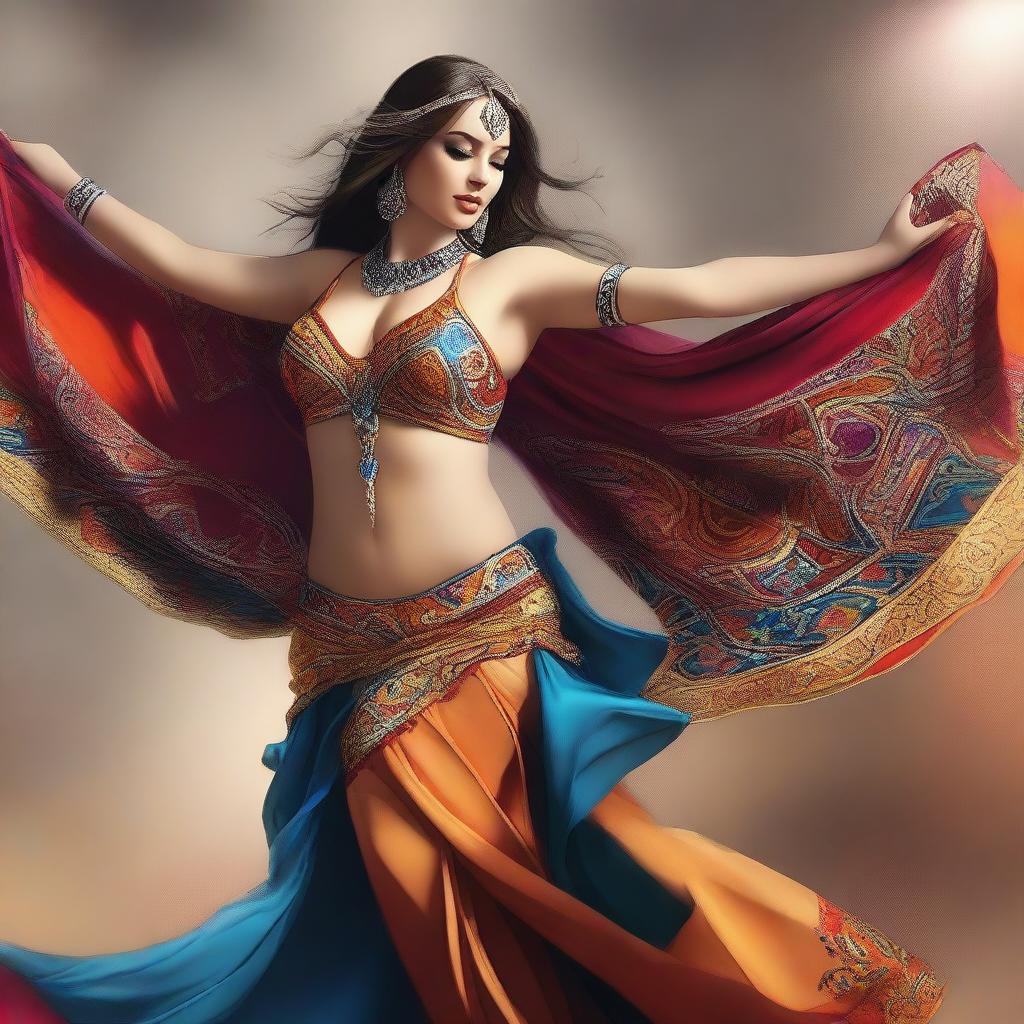 A digital art piece showcasing a graceful, curvy Caucasian belly dancer in mid-dance