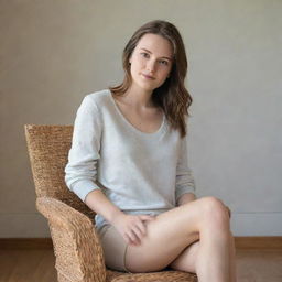 A beautiful young woman with fair complexion, sitting leisurely on a chair. She's fashioned in casual attire, looking comfortably relaxed.