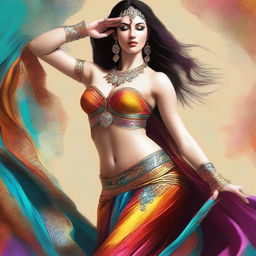 A digital art piece showcasing a graceful, curvy Caucasian belly dancer in mid-dance