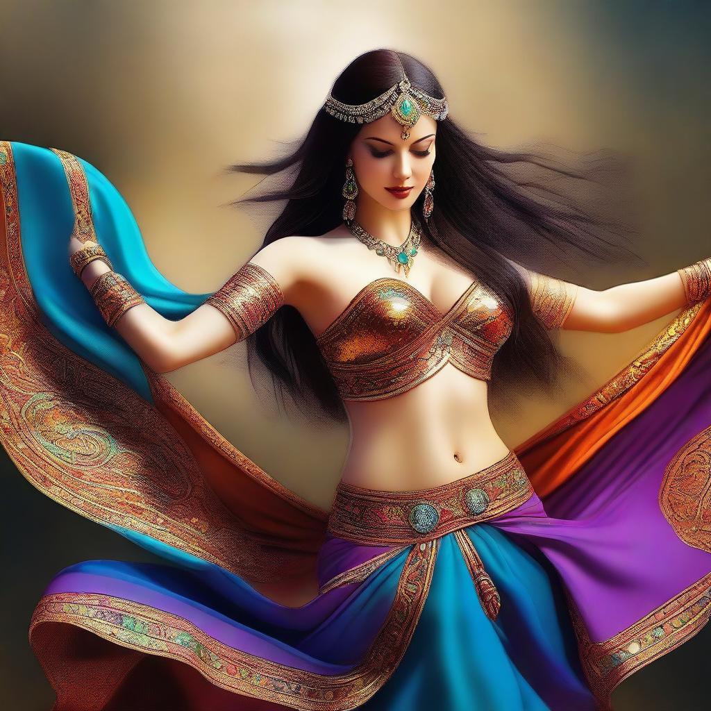 A digital art piece showcasing a graceful, curvy Caucasian belly dancer in mid-dance