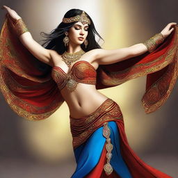 A digital art piece showcasing a graceful, curvy Caucasian belly dancer in mid-dance