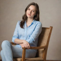 A beautiful young woman with fair complexion, sitting leisurely on a chair. She's fashioned in casual attire, looking comfortably relaxed.