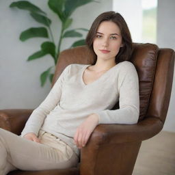 A beautiful young woman with fair complexion, sitting leisurely on a chair. She's fashioned in casual attire, looking comfortably relaxed.