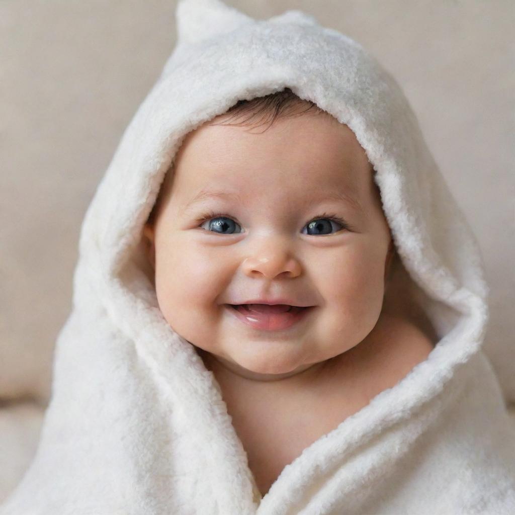 An adorable, smiling baby with chubby cheeks and big, bright eyes, nestled in soft blankets.