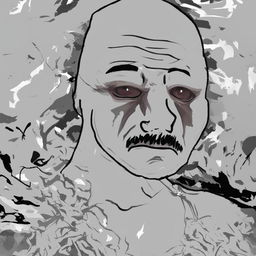 A high-quality digital art of a Wojak character resembling Friedrich Nietzsche, portrayed in a state of emotional turmoil