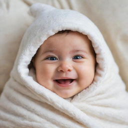 An adorable, smiling baby with chubby cheeks and big, bright eyes, nestled in soft blankets.