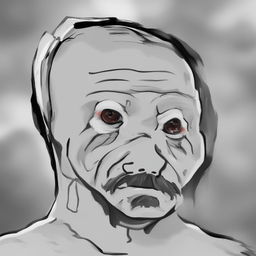 A high-quality digital art of a Wojak character resembling Friedrich Nietzsche, portrayed in a state of emotional turmoil