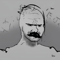 A high-quality digital art of a Wojak character resembling Friedrich Nietzsche, portrayed in a state of emotional turmoil