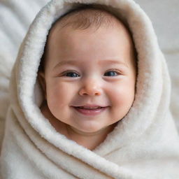 An adorable, smiling baby with chubby cheeks and big, bright eyes, nestled in soft blankets.