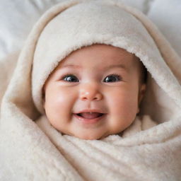 An adorable, smiling baby with chubby cheeks and big, bright eyes, nestled in soft blankets.