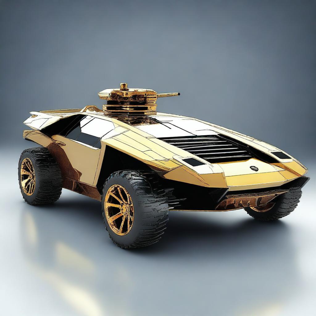 A digital art image showcasing a Lamborghini car transformed into a formidable war tank