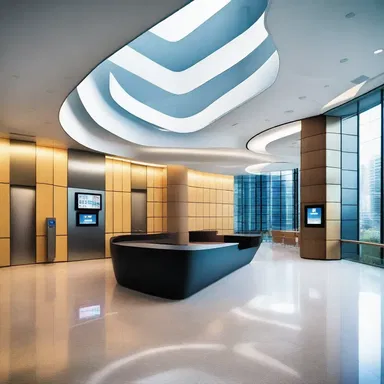 The futuristic office building had a unique feature where the entrance foyer displayed a large stock ticker, providing a dynamic and interactive element to the design.