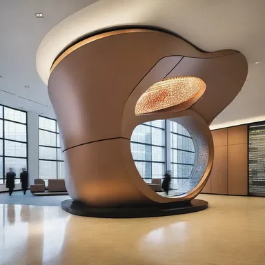 The futuristic office building had a unique feature where the entrance foyer displayed a large stock ticker, providing a dynamic and interactive element to the design.