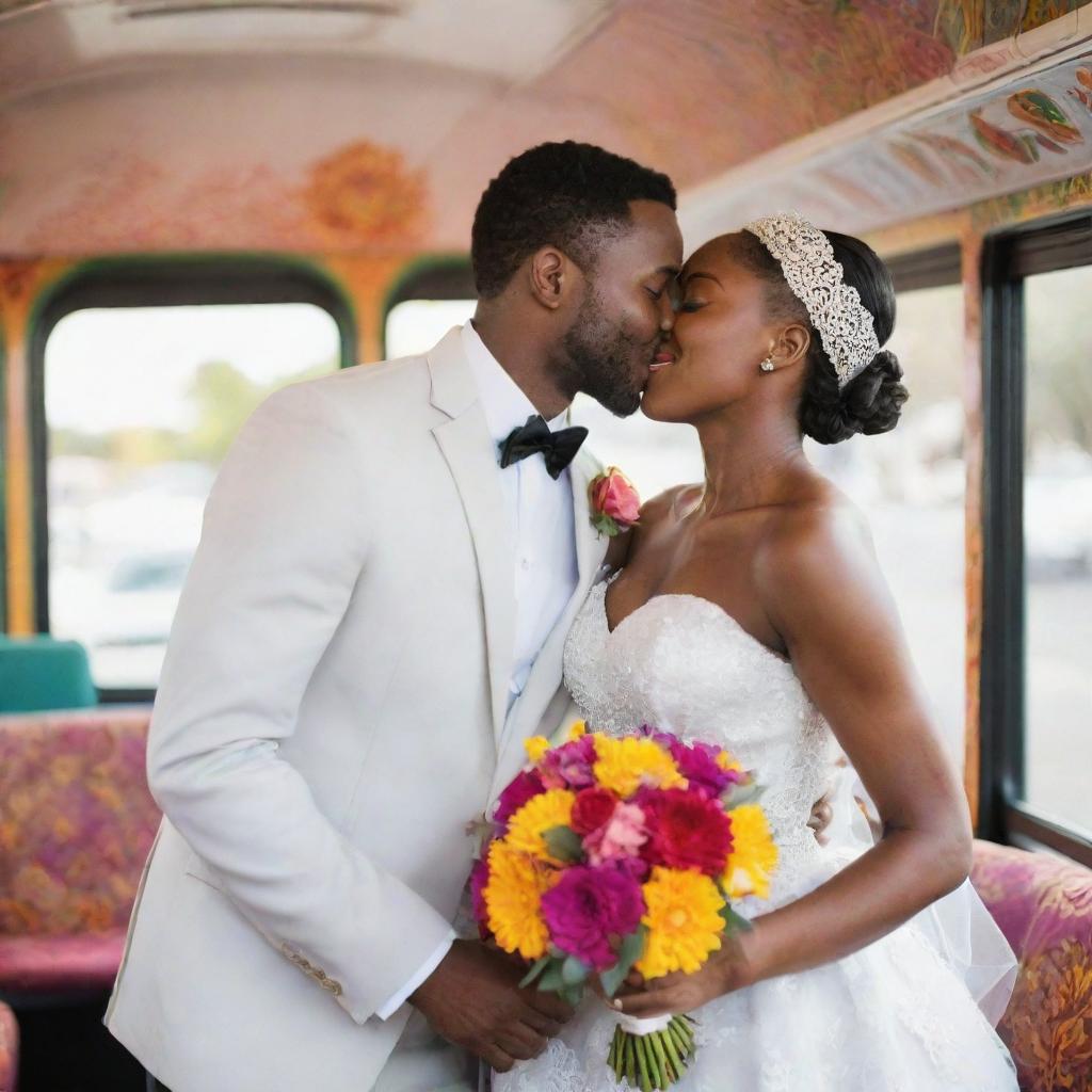 A joyful African-themed wedding on a festively decorated city bus, with a groom and a bride in a passionate kiss. The scene is filled with vibrantly dressed dancing maids, elegant set tables, and colorful floral arrangements.