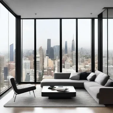 The modern minimalist living room design incorporated a unique glass wall that revealed a mesmerizing view of the city, becoming the ticker of the entire space.