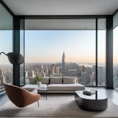 The modern minimalist living room design incorporated a unique glass wall that revealed a mesmerizing view of the city, becoming the ticker of the entire space.
