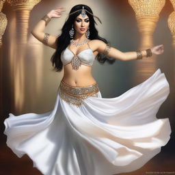 This is a high-quality digital art piece featuring a stunning white belly dancer in her prime, exuding confidence and grace