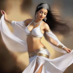 This is a high-quality digital art piece featuring a stunning white belly dancer in her prime, exuding confidence and grace