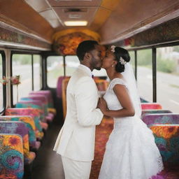 A joyful African-themed wedding on a festively decorated city bus, with a groom and a bride in a passionate kiss. The scene is filled with vibrantly dressed dancing maids, elegant set tables, and colorful floral arrangements.