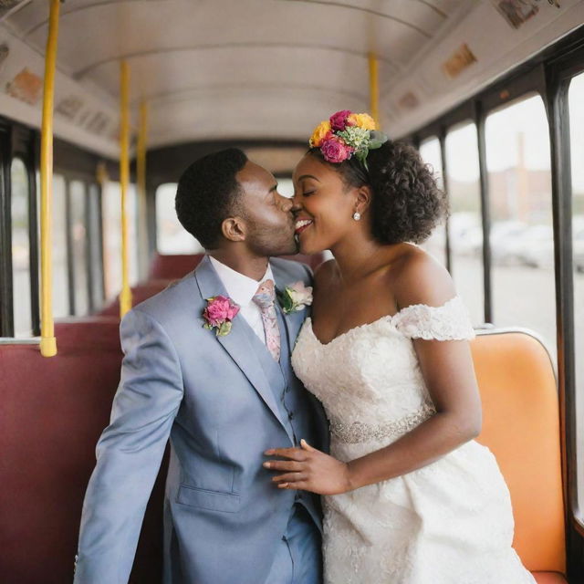 A joyful African-themed wedding on a festively decorated city bus, with a groom and a bride in a passionate kiss. The scene is filled with vibrantly dressed dancing maids, elegant set tables, and colorful floral arrangements.