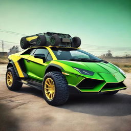 A digital art image displaying a Lamborghini car transformed into a tow truck in the style of the Brazilian army