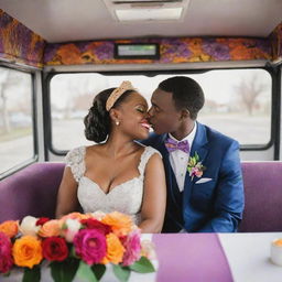 A joyful African-themed wedding on a festively decorated city bus, with a groom and a bride in a passionate kiss. The scene is filled with vibrantly dressed dancing maids, elegant set tables, and colorful floral arrangements.