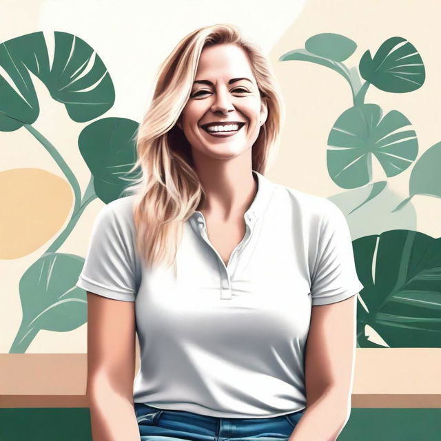 A high-quality digital art image of a white woman portrayed in a casual, everyday setting