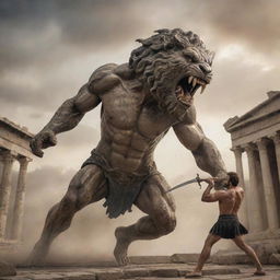 An epic scene from Greek mythology featuring a brave hero engaged in fierce combat with a monstrous creature. Ancient Greek architecture forms the backdrop of this dramatic tableau