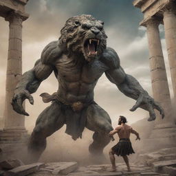 An epic scene from Greek mythology featuring a brave hero engaged in fierce combat with a monstrous creature. Ancient Greek architecture forms the backdrop of this dramatic tableau