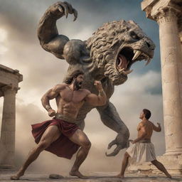 An epic scene from Greek mythology featuring a brave hero engaged in fierce combat with a monstrous creature. Ancient Greek architecture forms the backdrop of this dramatic tableau