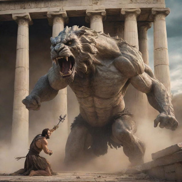 An epic scene from Greek mythology featuring a brave hero engaged in fierce combat with a monstrous creature. Ancient Greek architecture forms the backdrop of this dramatic tableau