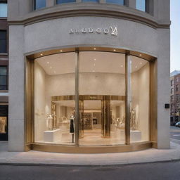 Diamond store named Tobi, showcasing a grand exterior with luxurious architecture, lined with glittering diamond jewelry in display windows under warm, inviting light.