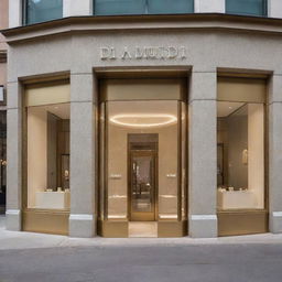 Diamond store named Tobi, showcasing a grand exterior with luxurious architecture, lined with glittering diamond jewelry in display windows under warm, inviting light.